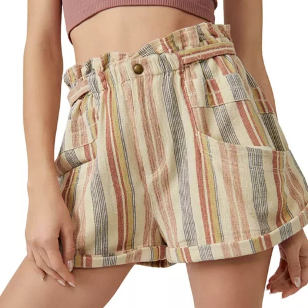 Free People Small Blue, Orange Stripe Topanga Cotton Yarn Dye Paperbag Shorts